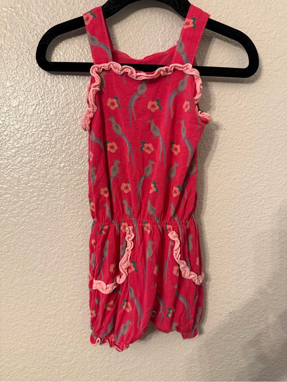 Kickee Pants Coral Pink Floral Romper with Ruffle Trim